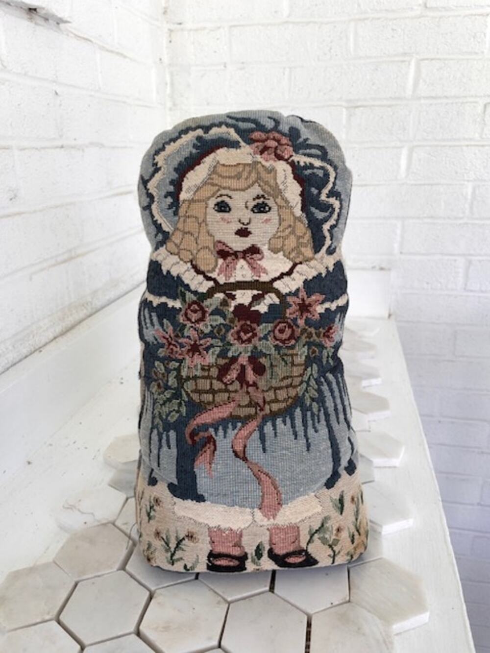 Vintage Weighted Tapestry Doll Doorstop Victorian Girl Floral Basket 14"